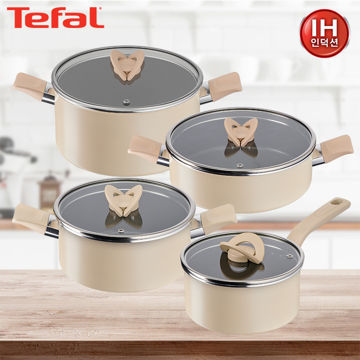 [테팔] 냄비 인덕션 블라썸 베이지 냄비세트(편수18cm+양수20cm+24cm+전골24cm)
