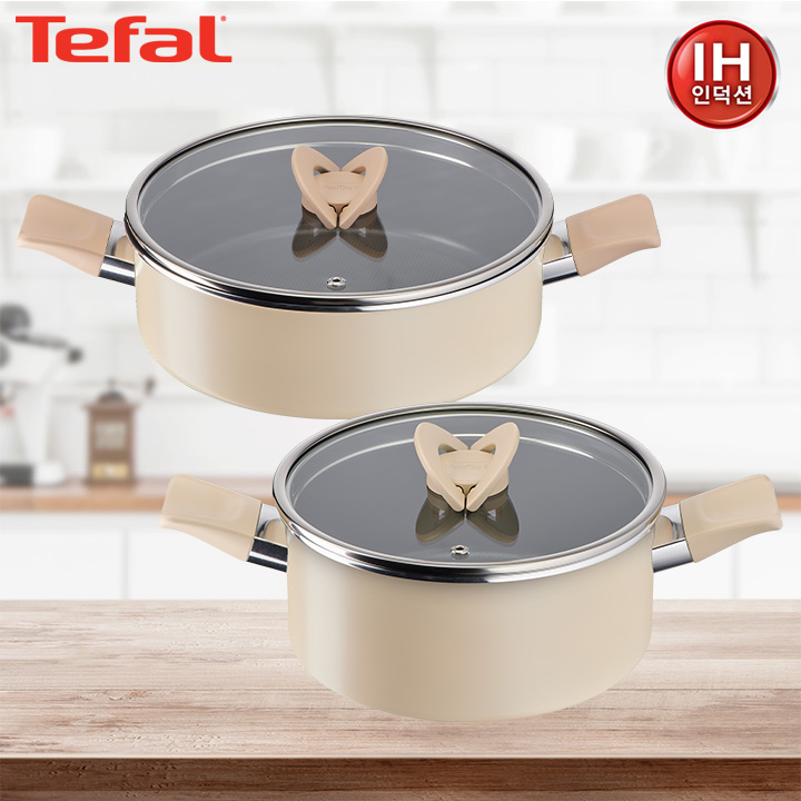 [테팔] 냄비 인덕션 블라썸 베이지 냄비세트(양수20cm+전골24cm)